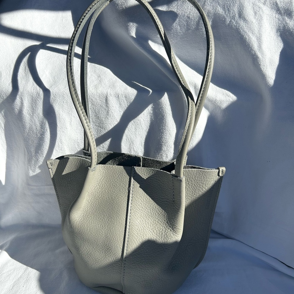 Gray Leather Bucket Tote Bag